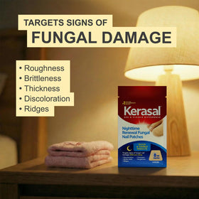 Kerasal patch application on toenail illustrating easy, hygienic overnight placement benefit