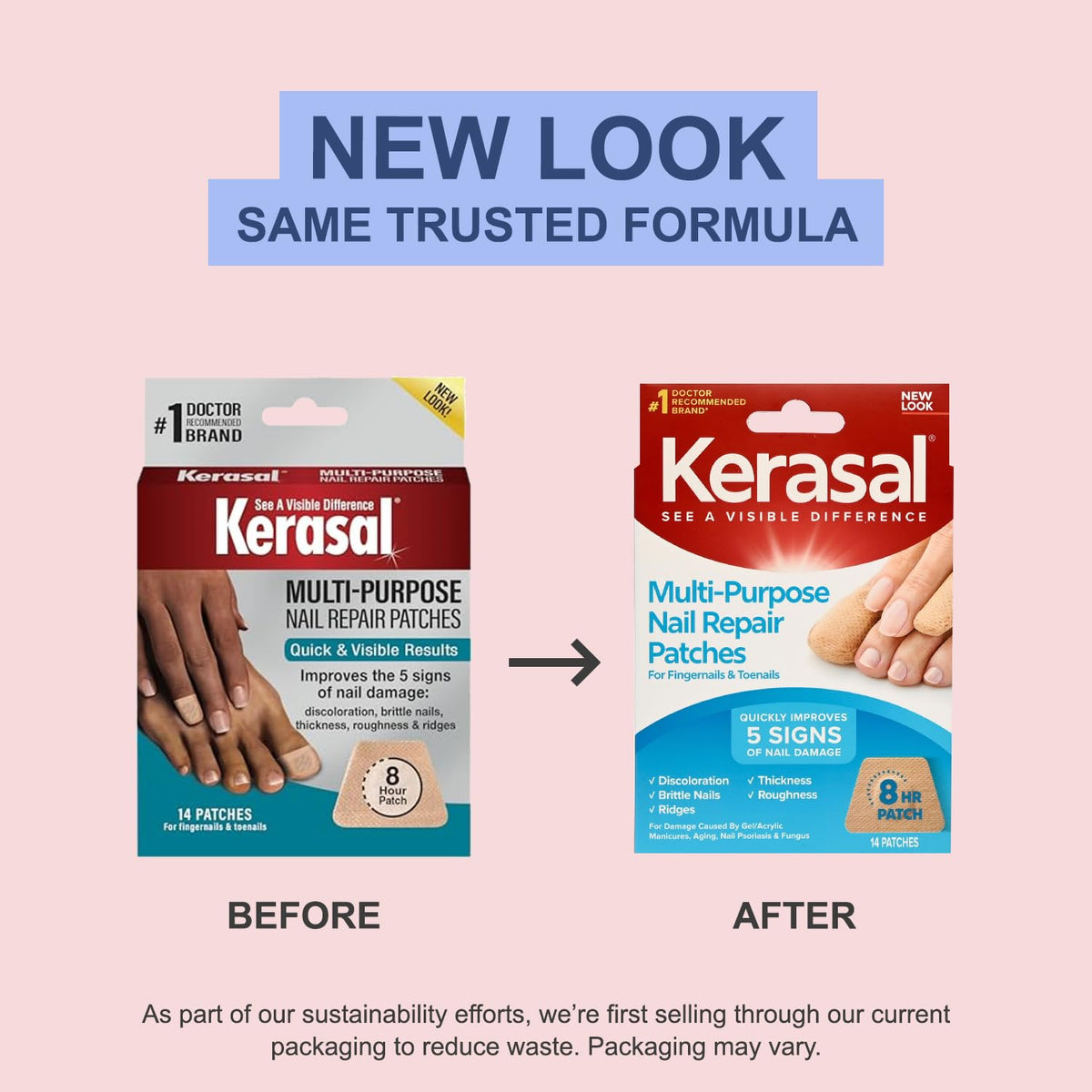 Kerasal patches held with box to show contents and travel-friendly convenience benefit