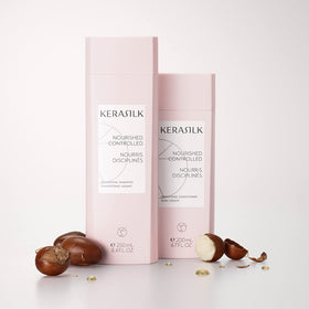 Kerasilk bottle on bathroom shelf lifestyle image showing salon-quality routine benefit