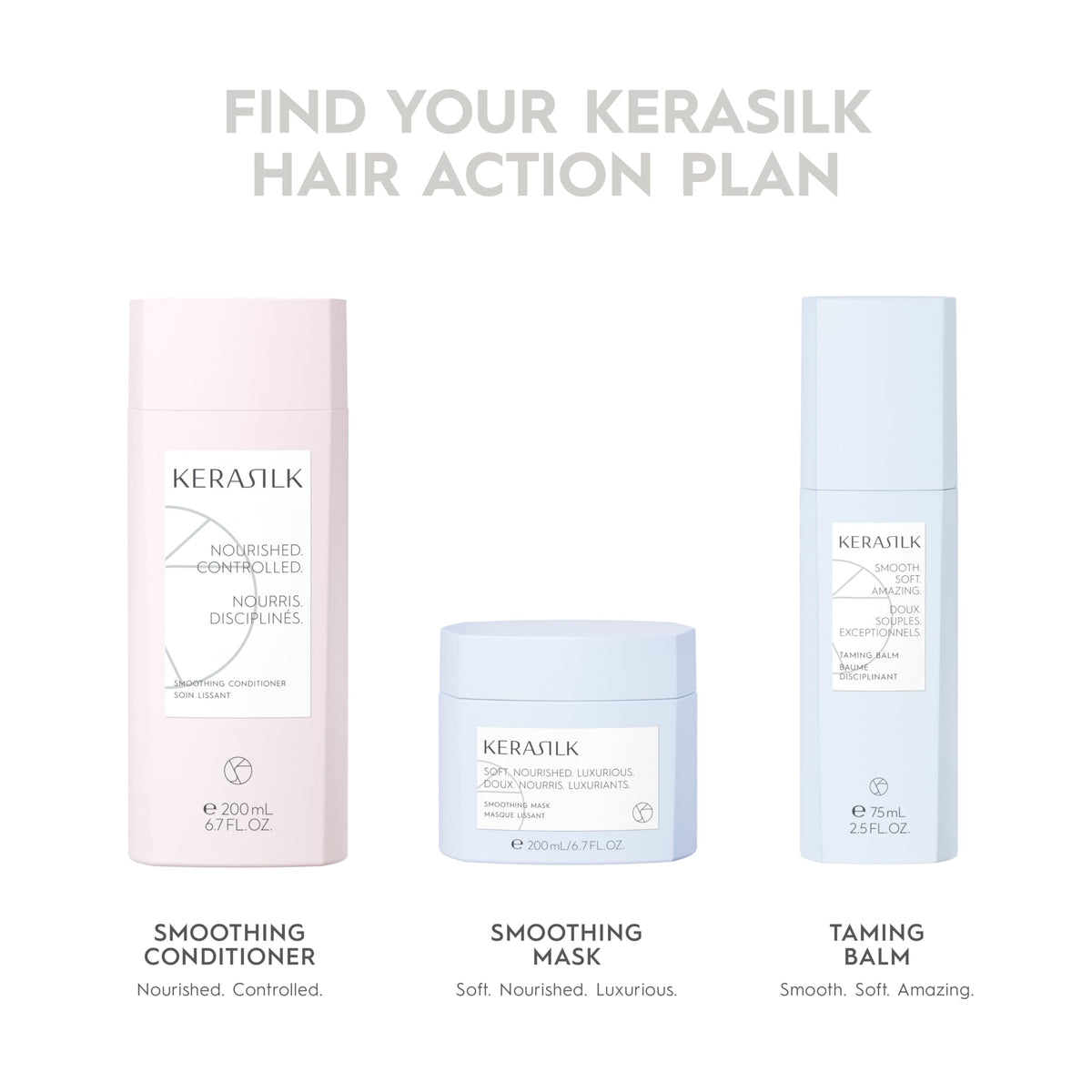Kerasilk size comparison next to hand showing compact 200ml travel-friendly benefit
