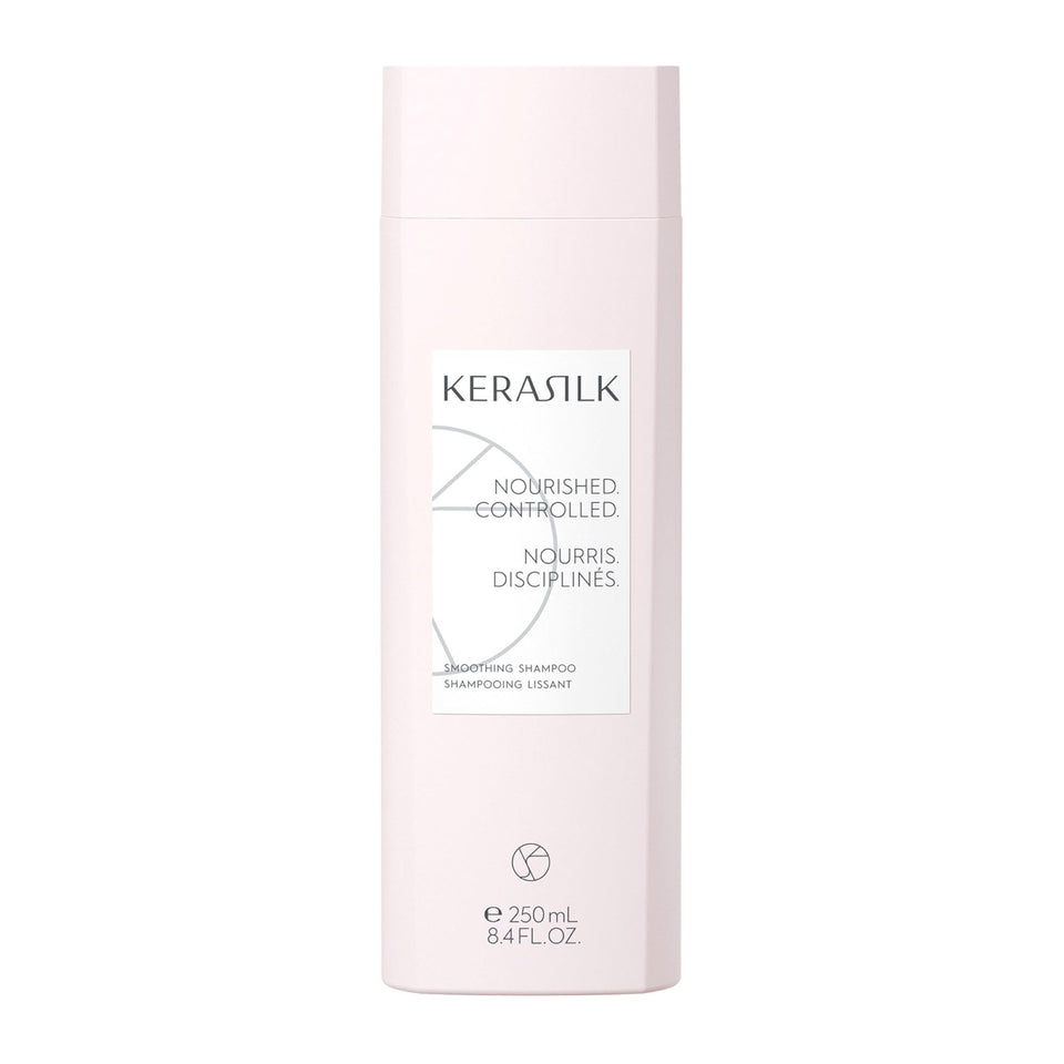 Kerasilk smoothing shampoo front view showing sleek bottle and easy dispensing benefit