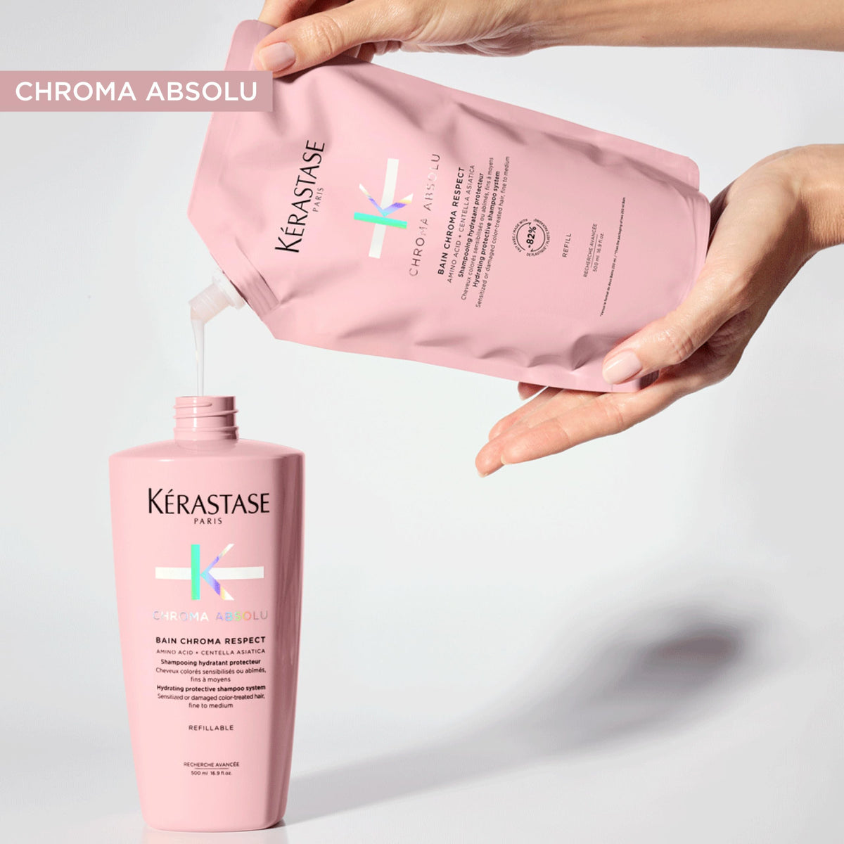 KÉRASTASE bottle beside ingredients visual highlighting hyaluronic acid