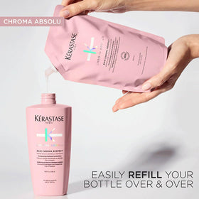 KÉRASTASE pouch beside original bottle showing refill convenience and economy