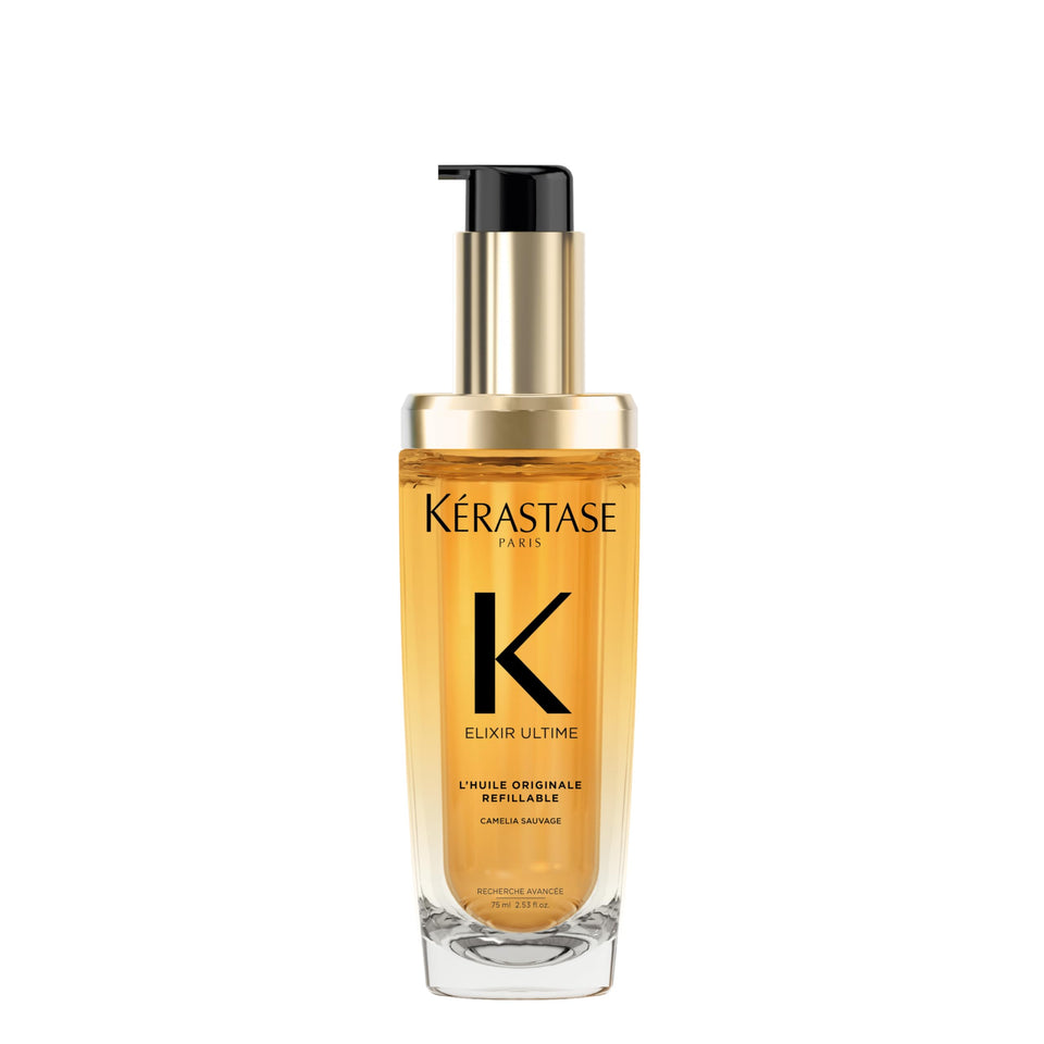 KÉRASTASE front bottle showing elegant recyclable glass and salon polish benefit