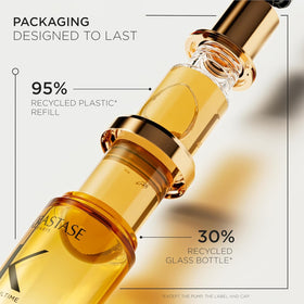 KÉRASTASE refill bottle detail, promotes reusable packaging benefit