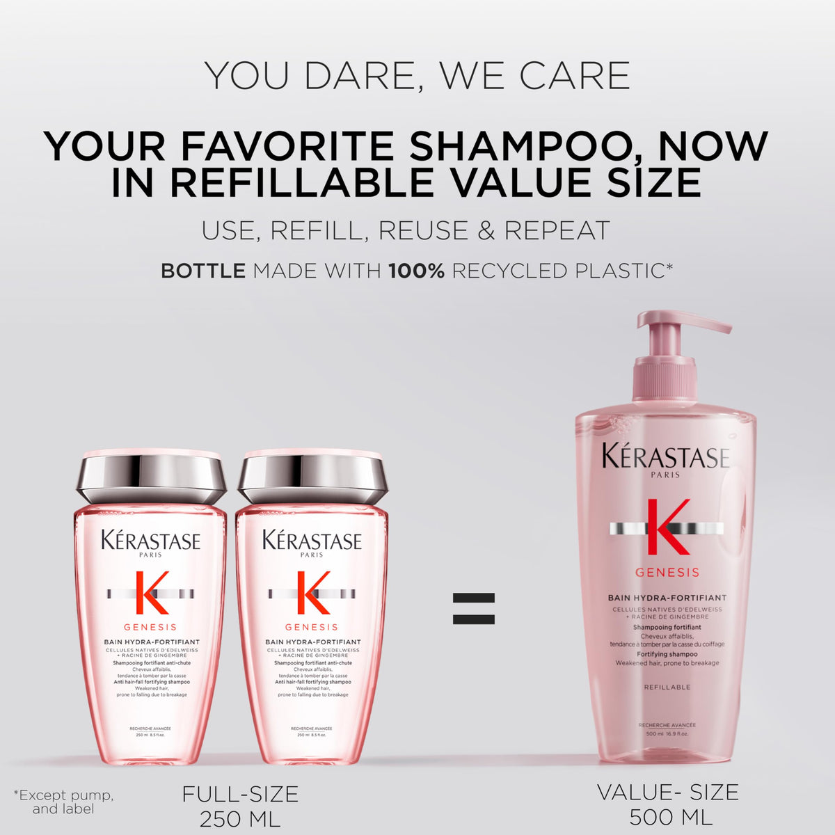 KÉRASTASE refillable pump bottle emphasizing sustainable packaging and easy dispensing