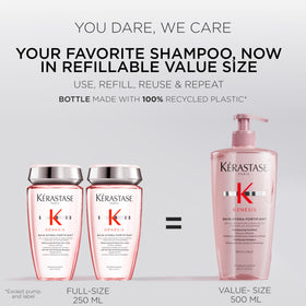 KÉRASTASE refillable pump bottle emphasizing sustainable packaging and easy dispensing