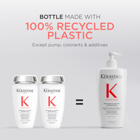 KÉRASTASE bottle on bathroom shelf styled to show routine-ready repair and shine benefit