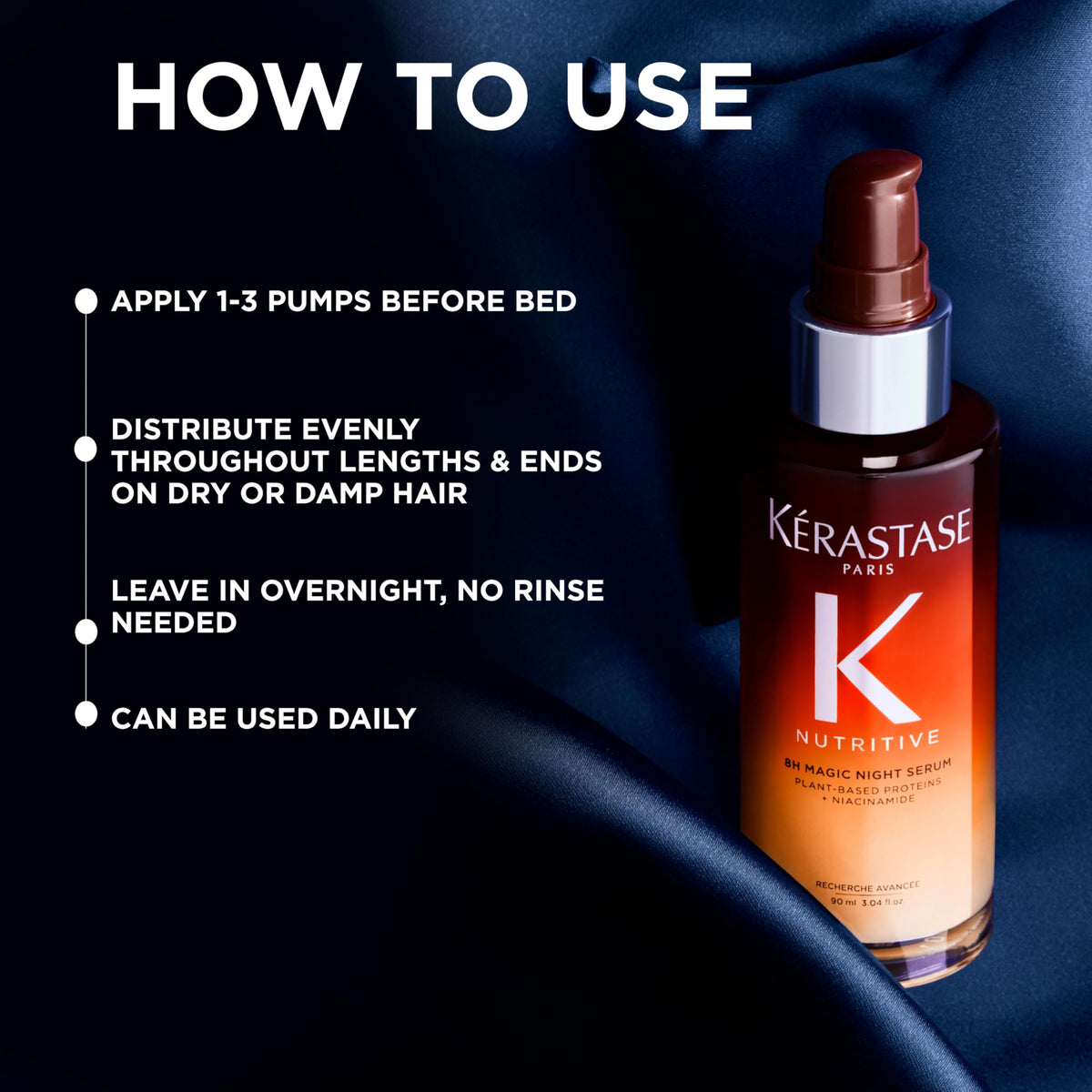 KÉRASTASE application on damp hair showing how to use serum before sleep for softer hair