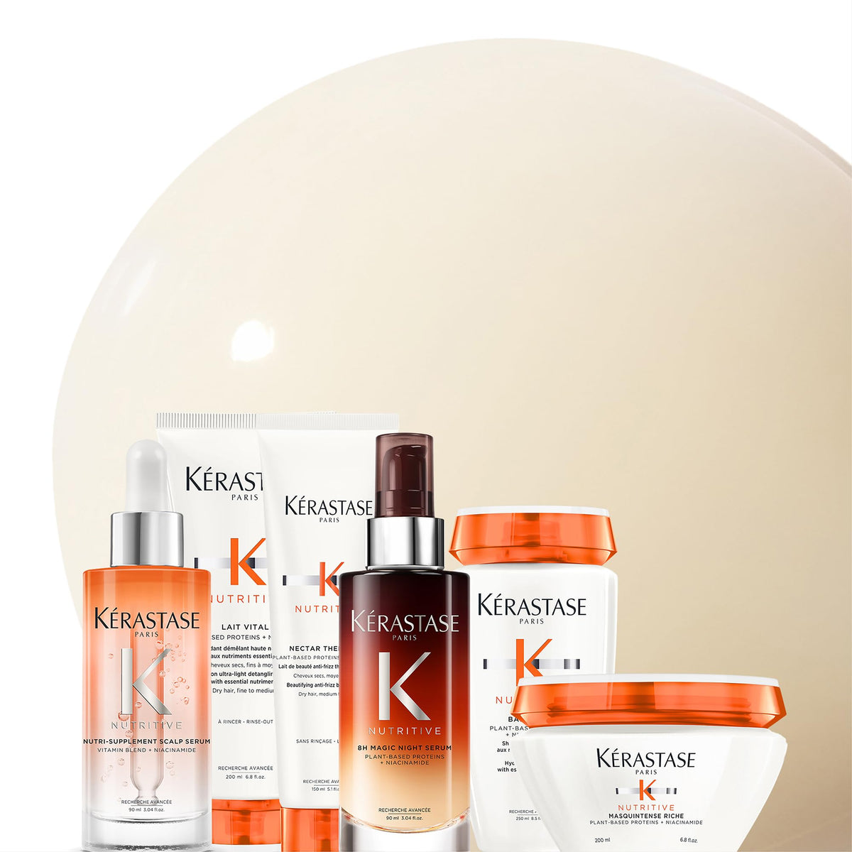 KÉRASTASE conditioner on bathroom shelf in lifestyle shot suggesting daily routine