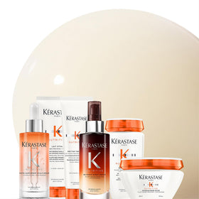 KÉRASTASE conditioner on bathroom shelf in lifestyle shot suggesting daily routine