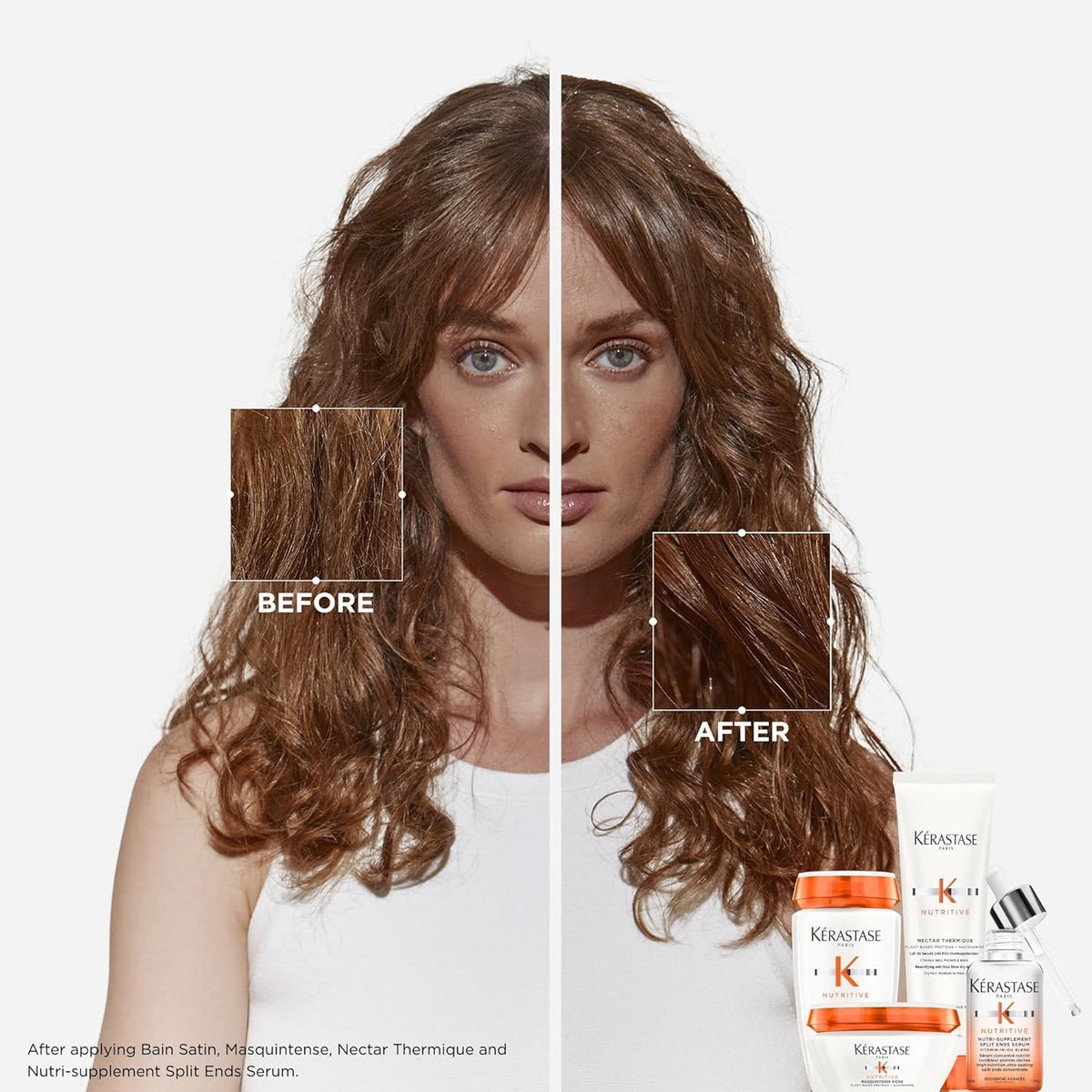 KÉRASTASE serum being applied to hair ends to seal split ends benefit: smoother tips