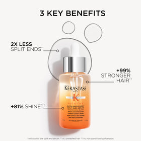 KÉRASTASE visible before and after ends showing reduced splits and improved shine benefit: restored look
