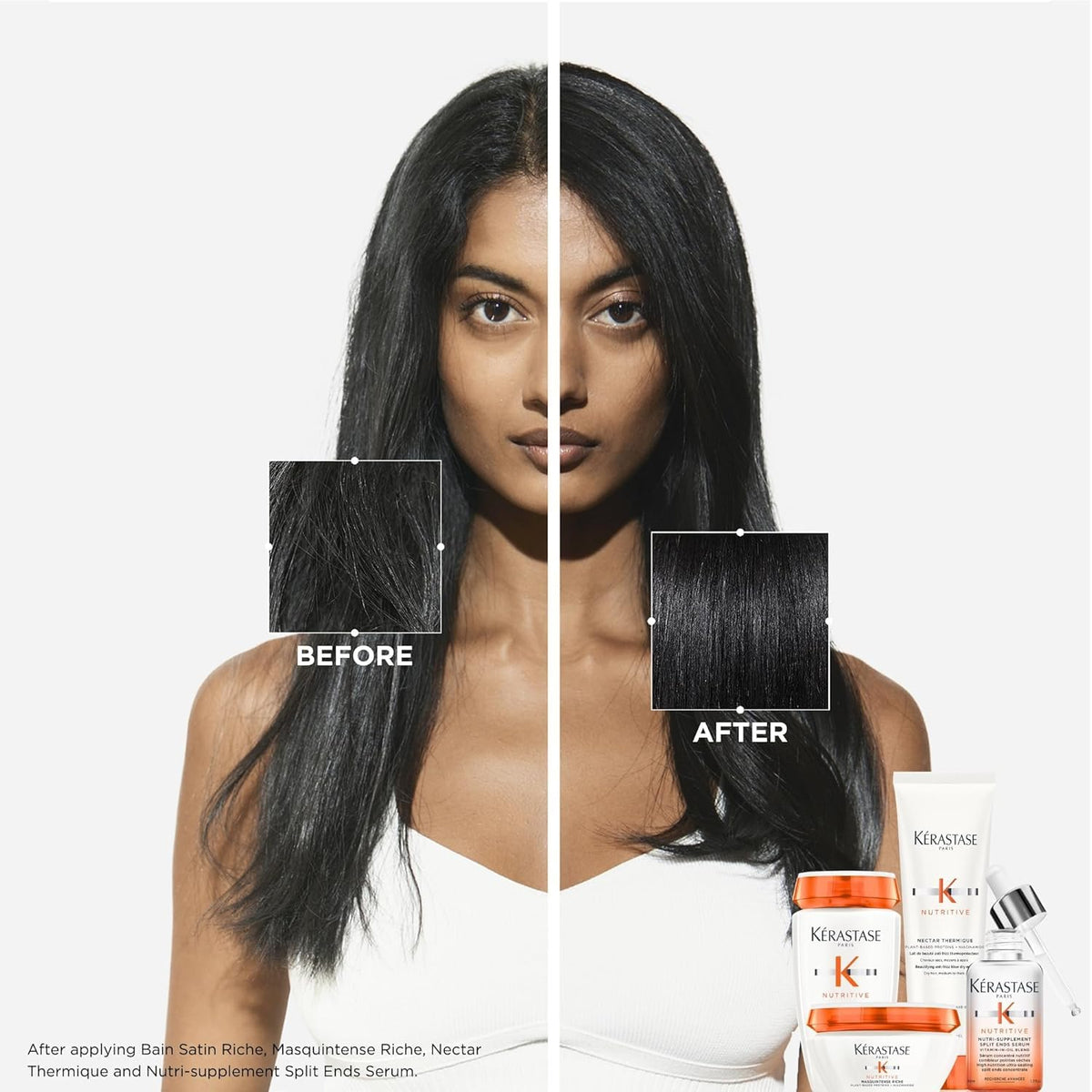KÉRASTASE serum texture close-up showing lightweight oil absorbing into hair benefit: fast absorption