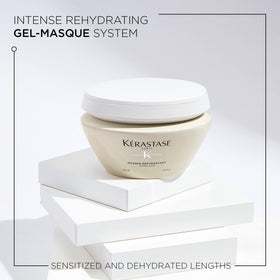 KÉRASTASE gel-cream texture inside jar illustrating lightweight hydration ready to nourish lengths