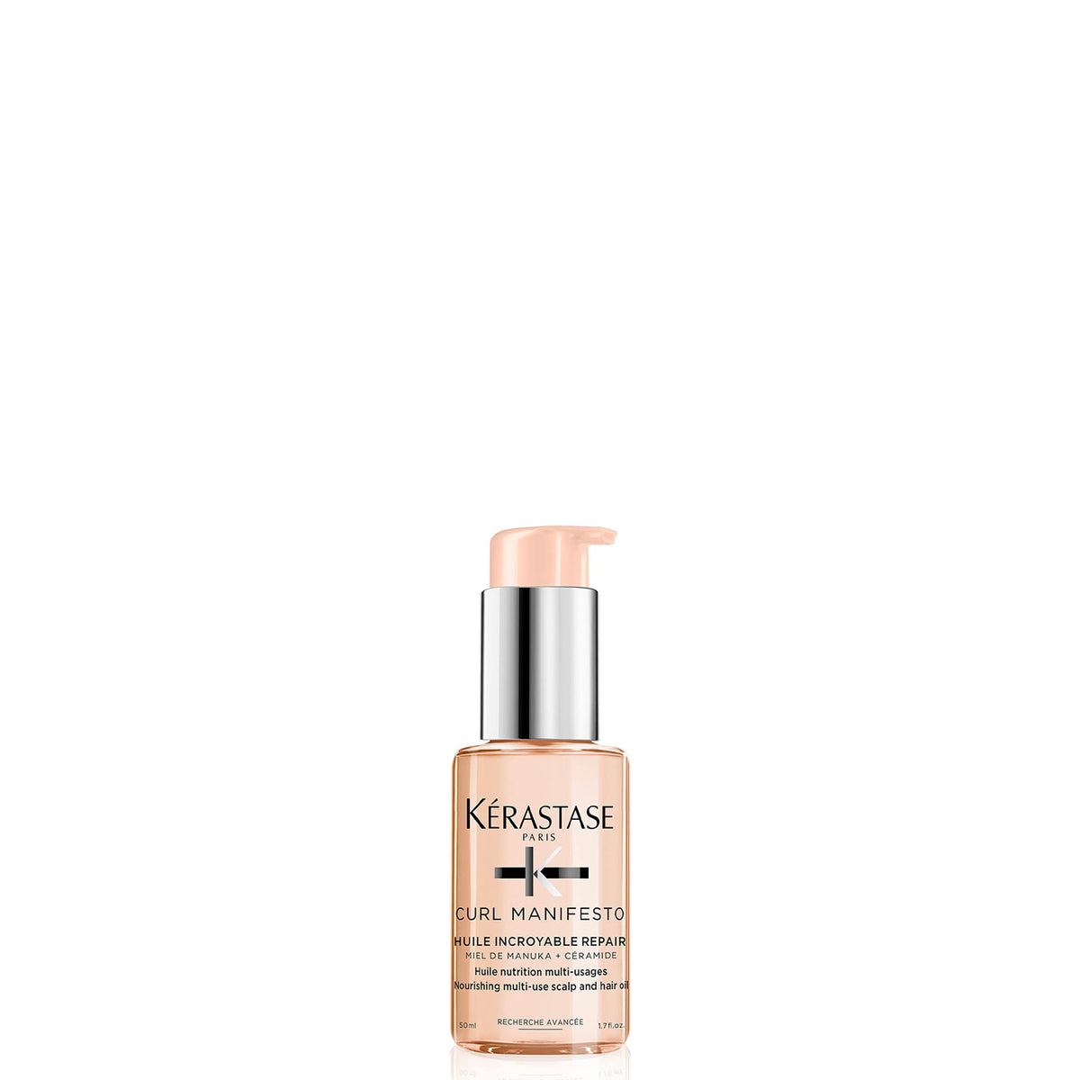 KÉRASTASE bottle front view, clear label and polished finish for trusted care