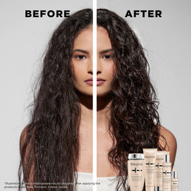 KÉRASTASE oil on bathroom shelf in styled scene, easy daily use benefit