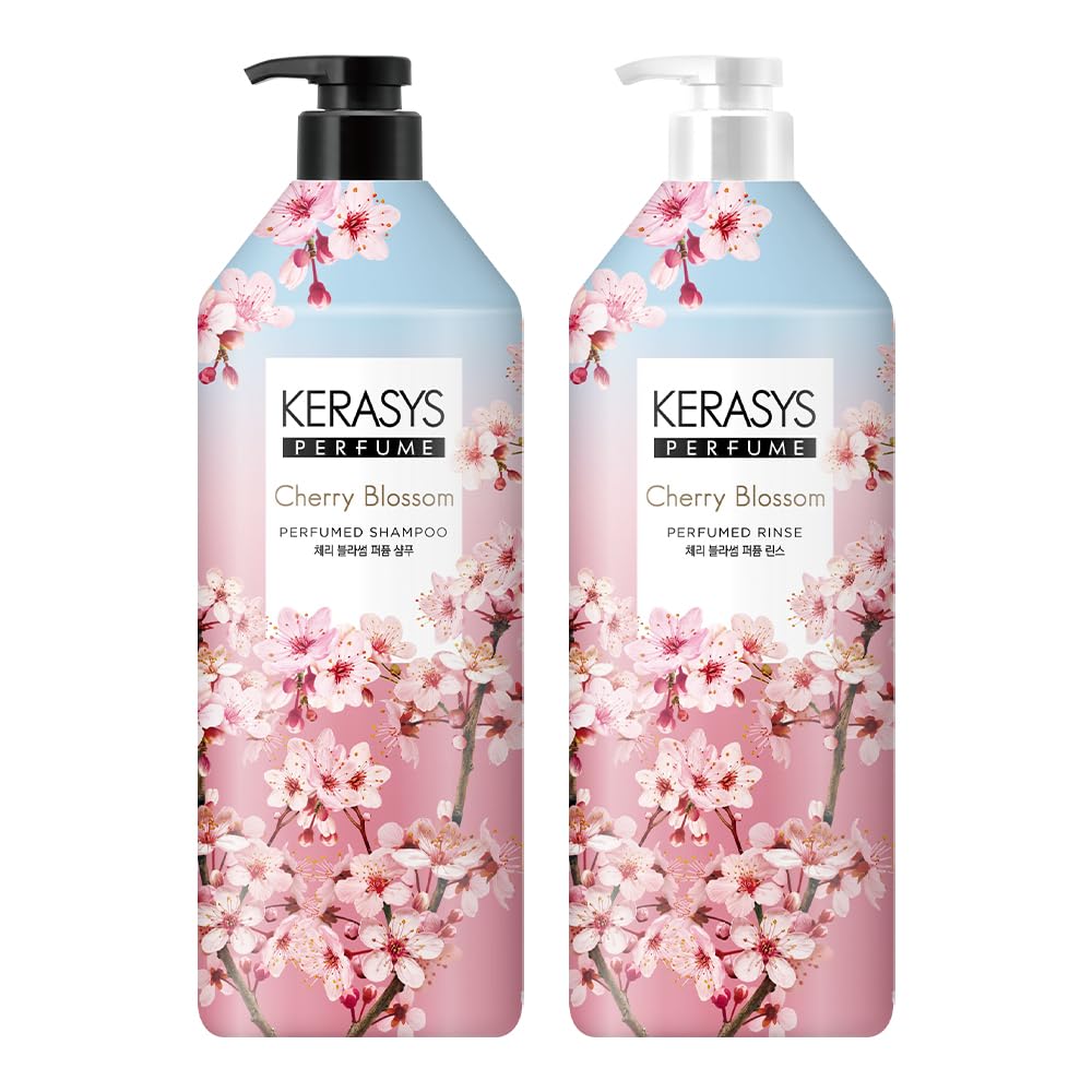 Kerasys front view of shampoo and conditioner showing packaging and scent benefit