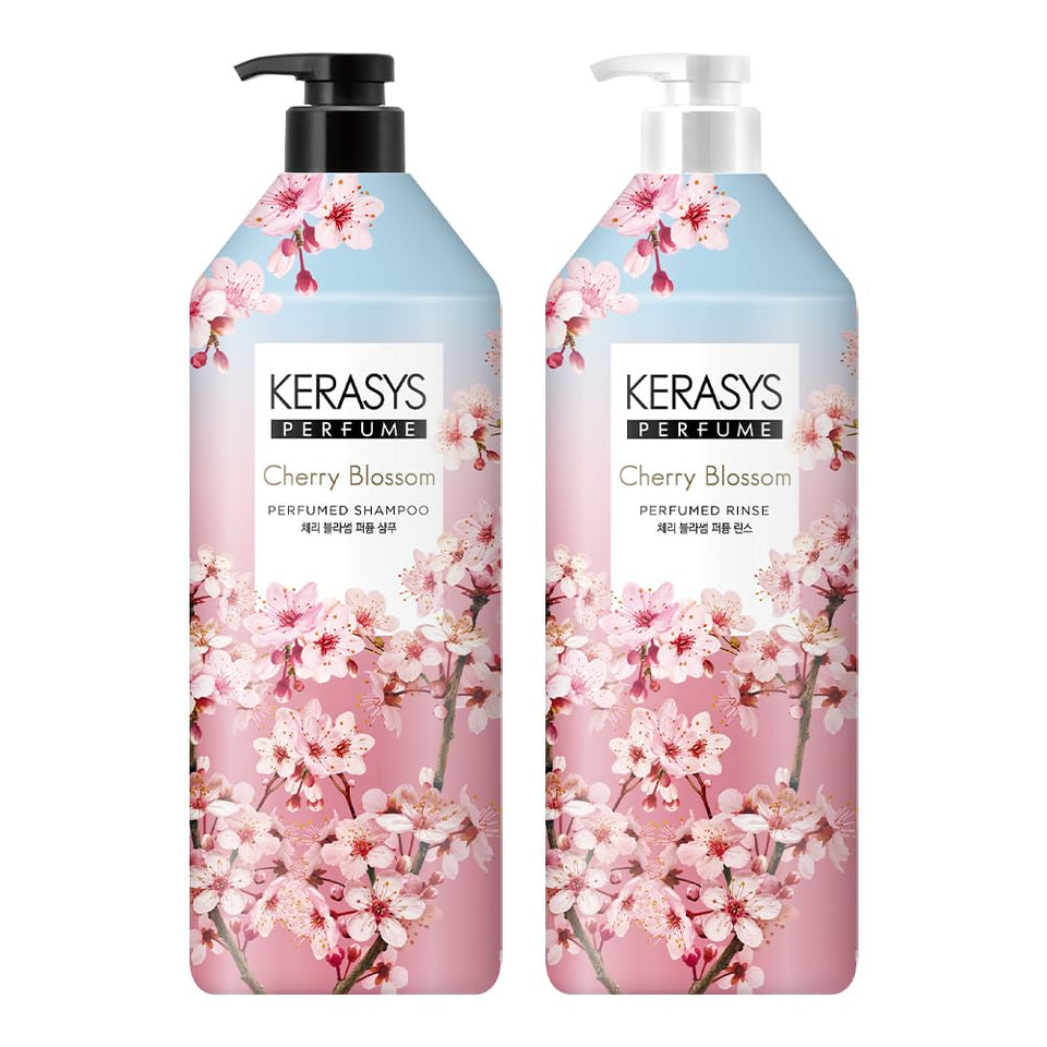 Kerasys front view of shampoo and conditioner showing packaging and scent benefit