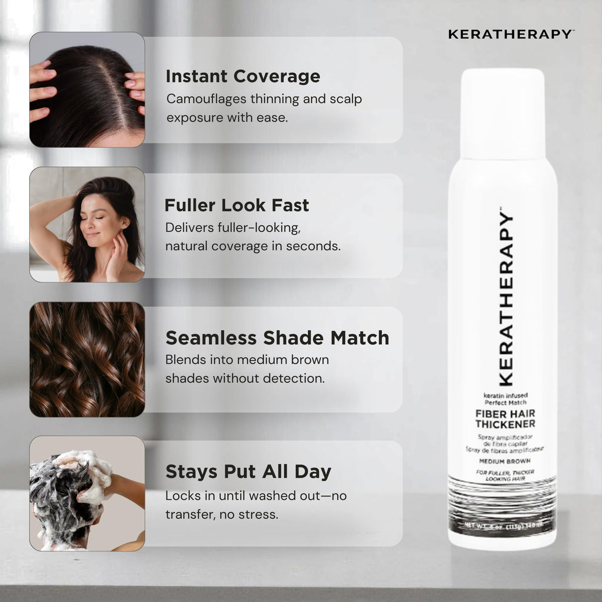 KERATHERAPY applying spray to roots to conceal thinning areas and boost visible density
