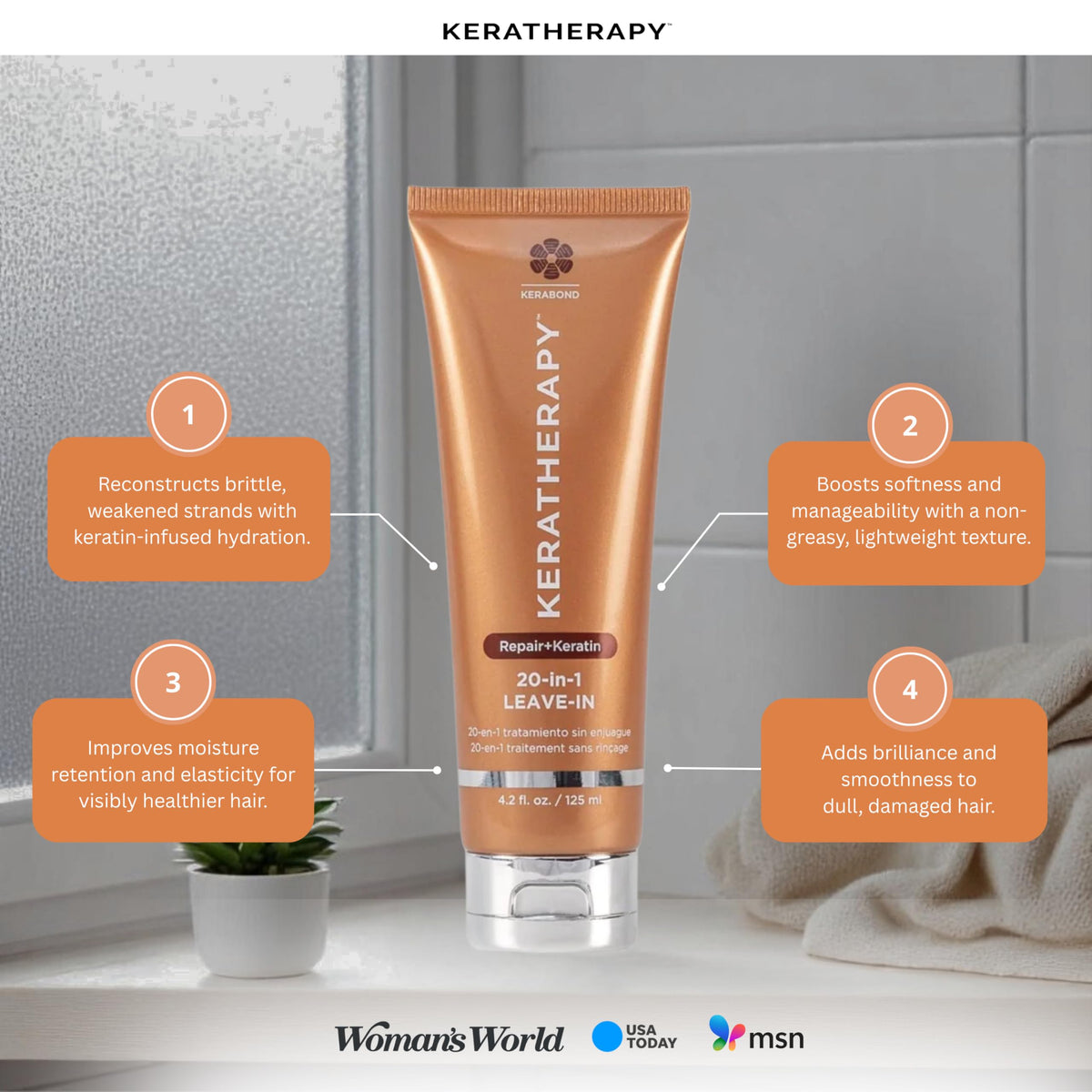 KERATHERAPY bottle in hand to show 4.2 fl oz scale and portable convenience