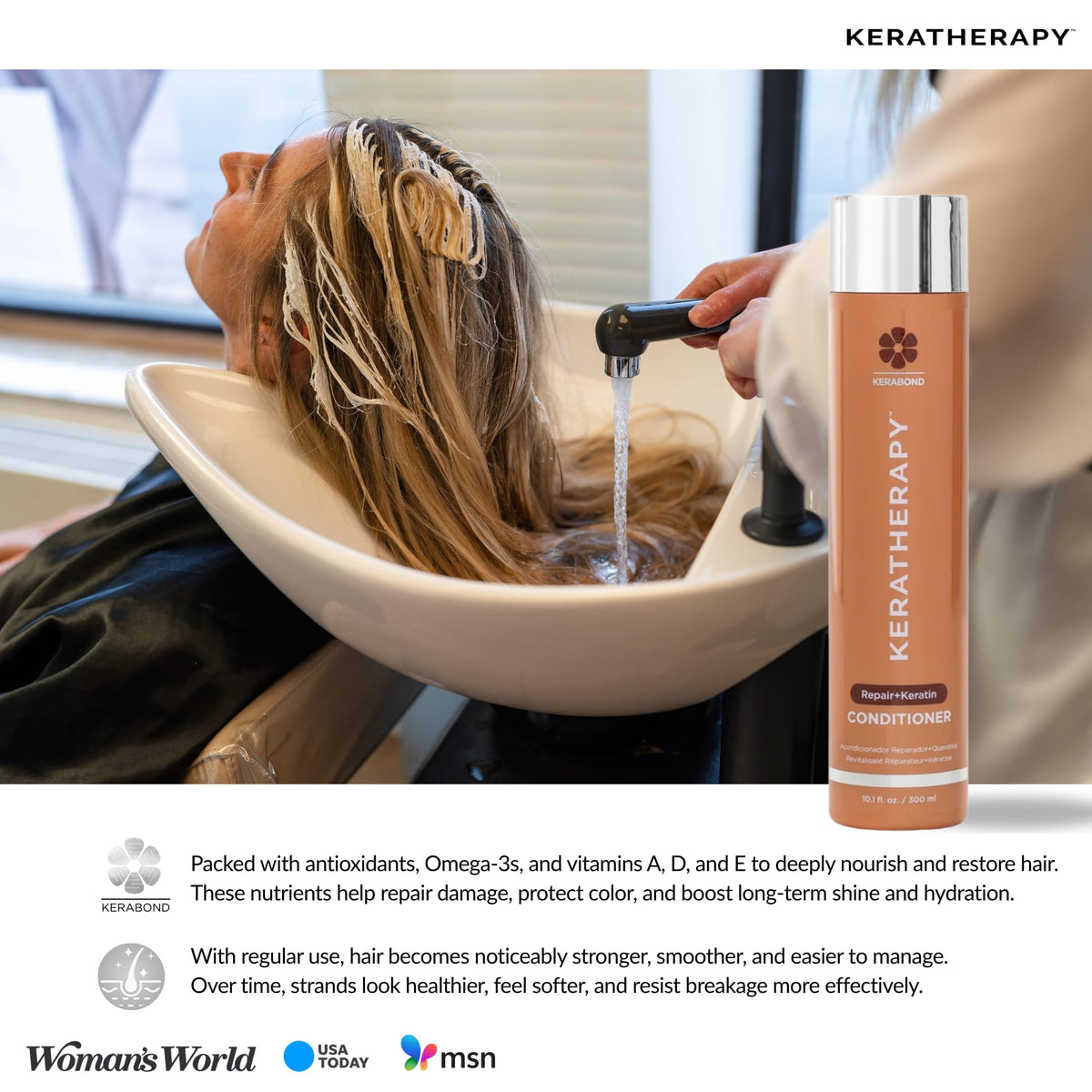 KERATHERAPY user applying shampoo in hand demonstrating easy usage