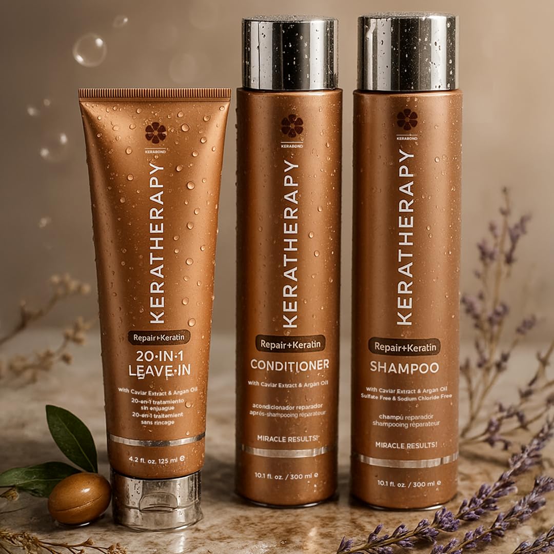 KERATHERAPY caviar and argan ingredients display highlighting repair benefits