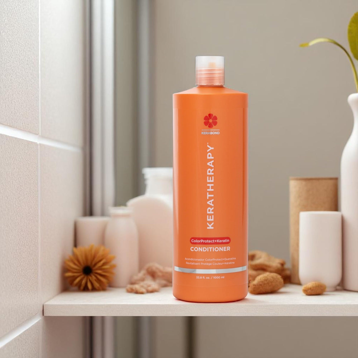 KERATHERAPY label close-up highlighting Kerabond technology and keratin infusion benefits