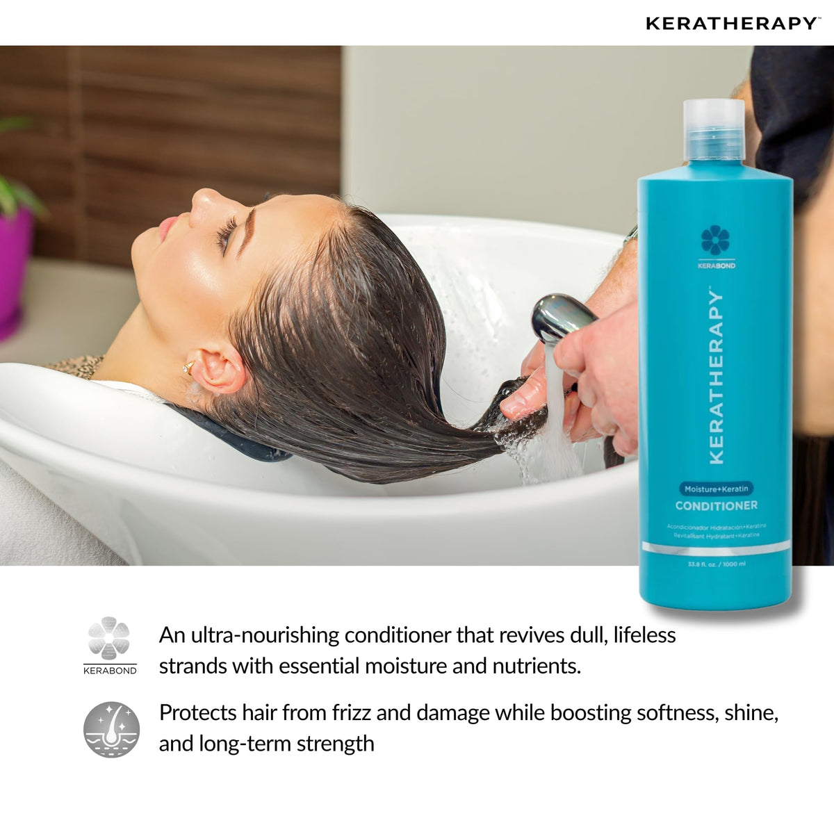 KERATHERAPY label close-up with collagen and jojoba ingredients callout