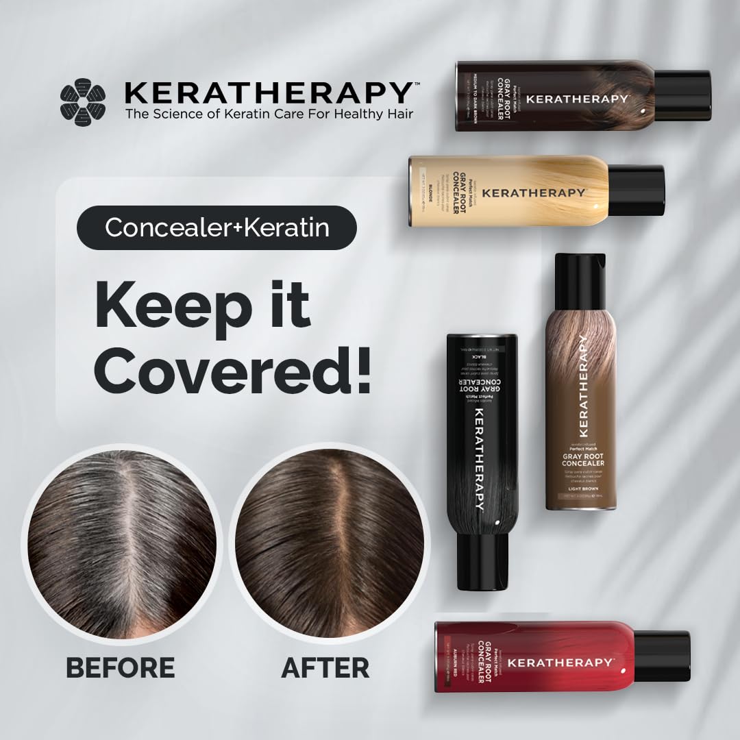Keratherapy lifestyle bathroom mirror touchup showing quick confidence-boosting benefit