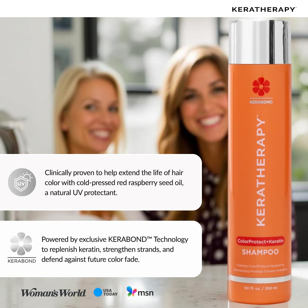 KERATHERAPY bottle on bathroom shelf evoking mango scent and fresh benefit