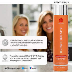 KERATHERAPY bottle on bathroom shelf evoking mango scent and fresh benefit