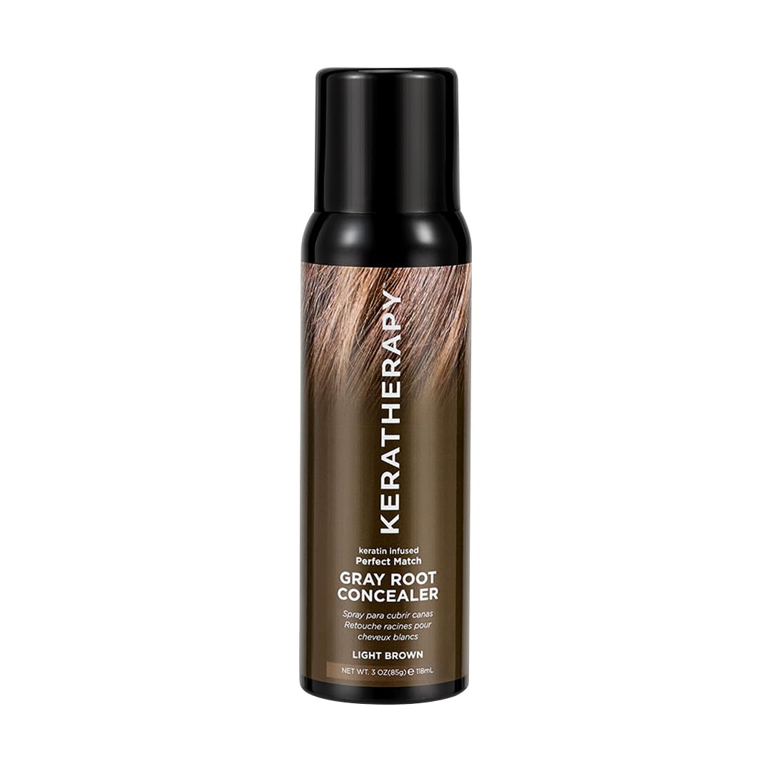 Keratherapy front packaging showing light brown spray and immediate coverage benefit