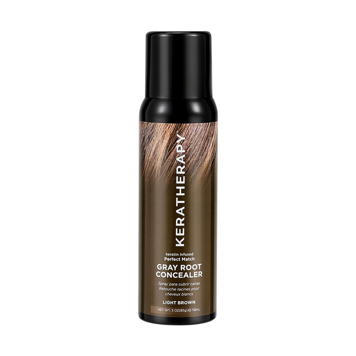Keratherapy front packaging showing light brown spray and immediate coverage benefit