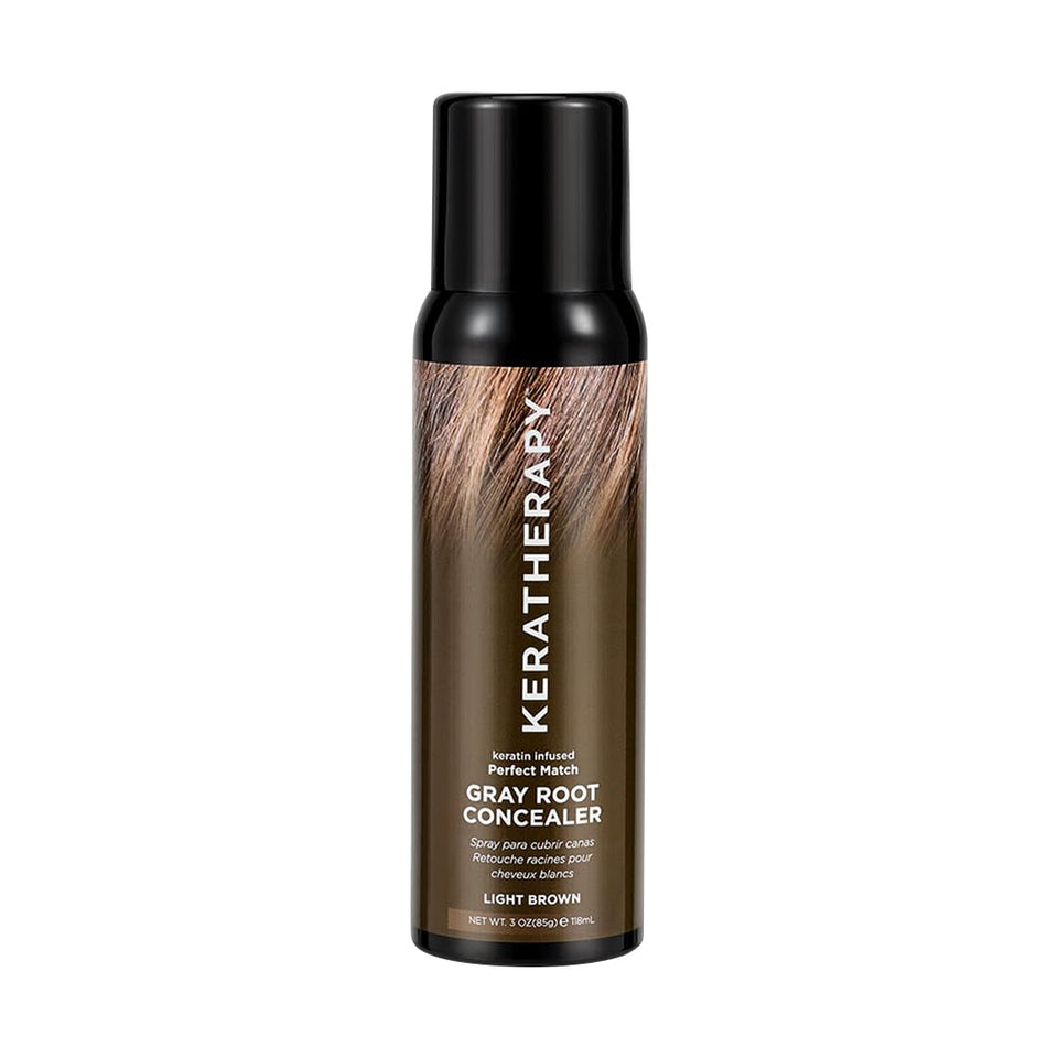 Keratherapy front packaging showing light brown spray and immediate coverage benefit