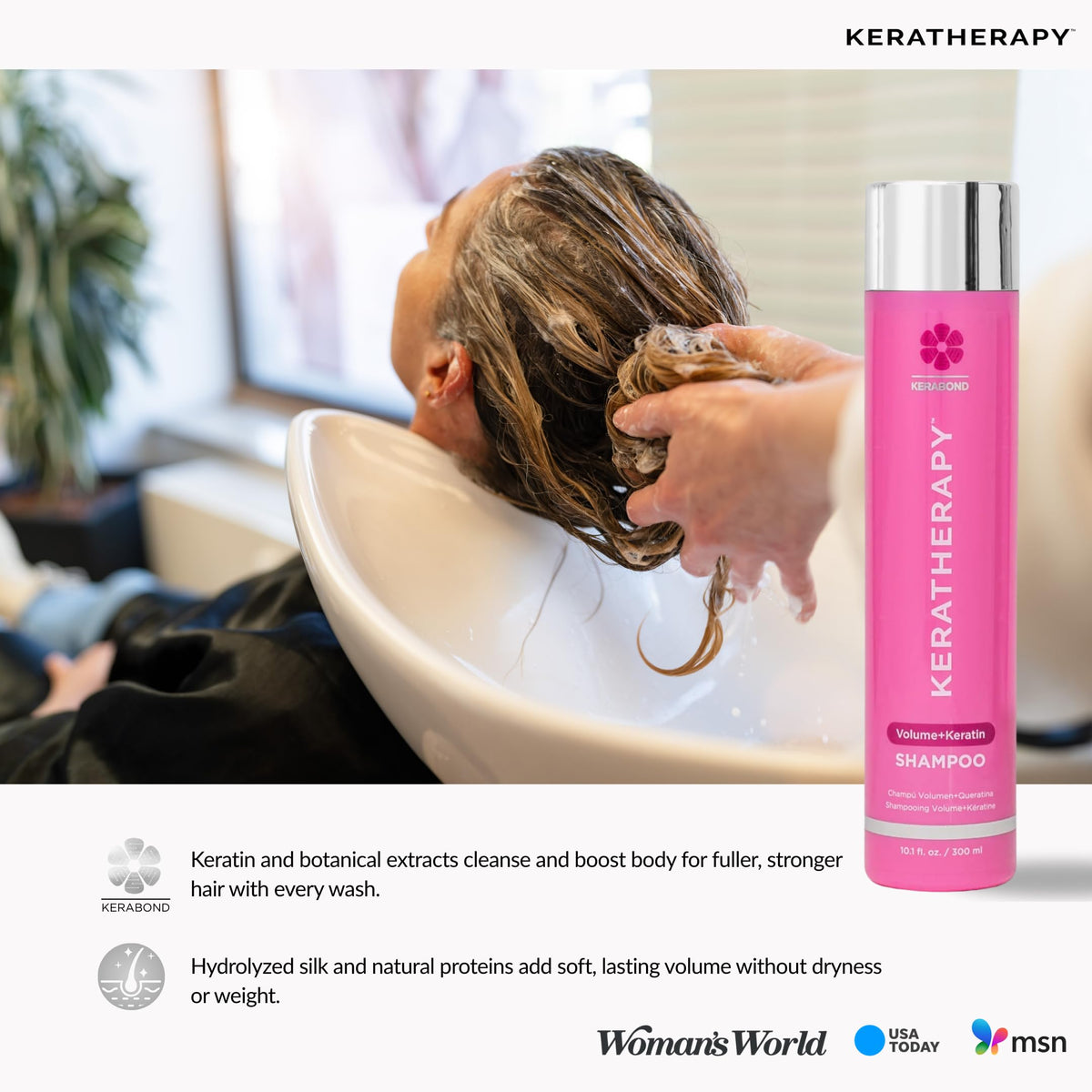 KERATHERAPY shampoo being poured to show smooth, lightweight formula