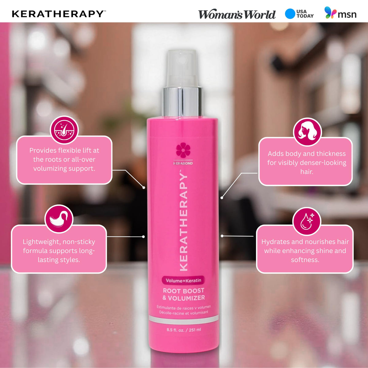 KERATHERAPY spray being applied to roots for instant visible lift