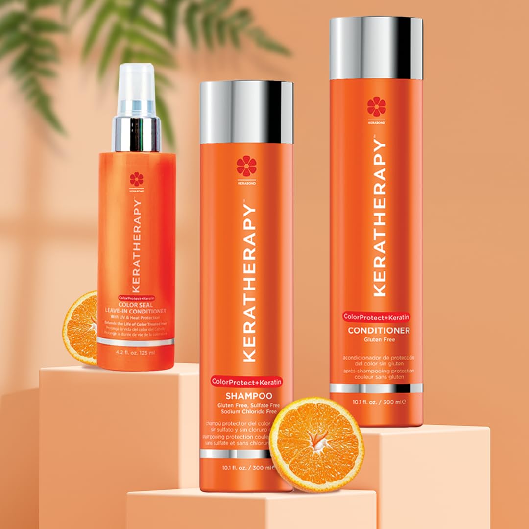 KERATHERAPY bottle staged with salon tools showing salon-ready color protection routine