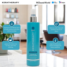 KERATHERAPY stylist spraying product in salon showing improved manageability during styling