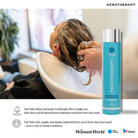 KERATHERAPY 10.1 fl oz next to common objects showing size and travel-friendly benefit