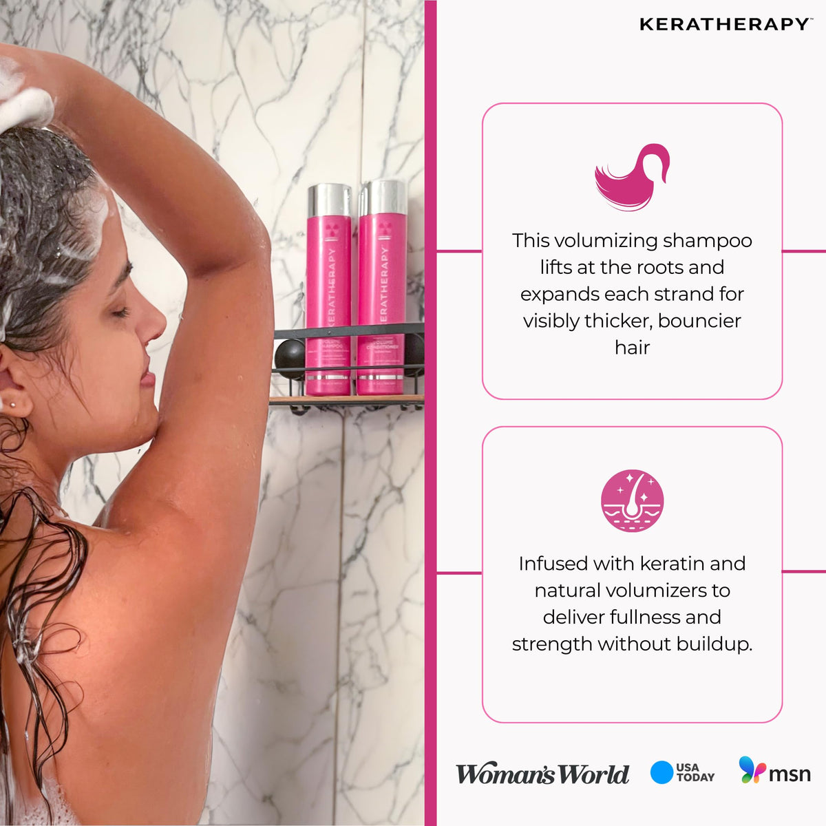 KERATHERAPY shampoo bottle on bathroom shelf showing easy styling benefit