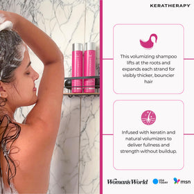 KERATHERAPY shampoo bottle on bathroom shelf showing easy styling benefit