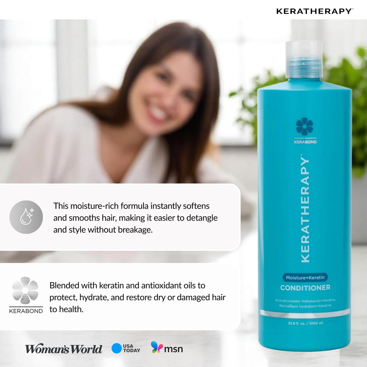 KERATHERAPY bottle in hand to show true 33.8 fl oz size and scale