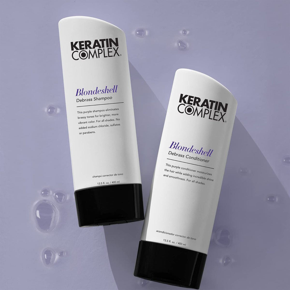 Keratin Complex before and after hair results showing reduced brass and brighter tone benefit