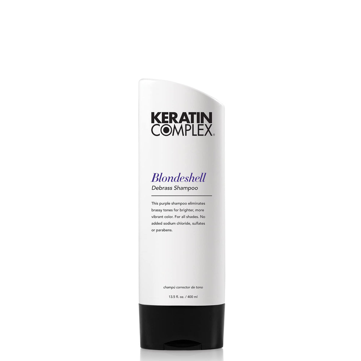 Keratin Complex front bottle view showing purple shampoo and clean packaging benefit