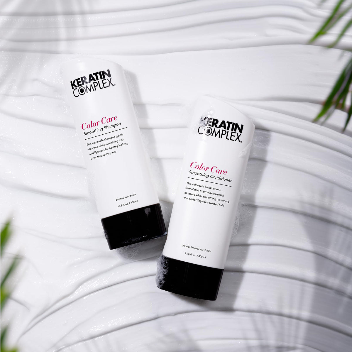 Keratin Complex front packaging showing shampoo and conditioner benefits