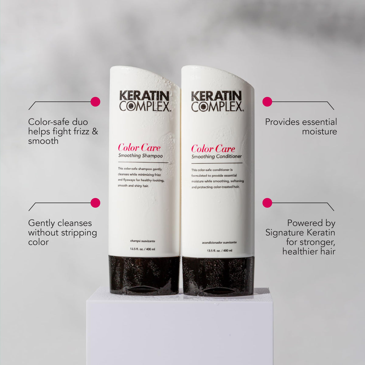 Keratin Complex shampoo pour close-up demonstrating gentle lather and cleansing