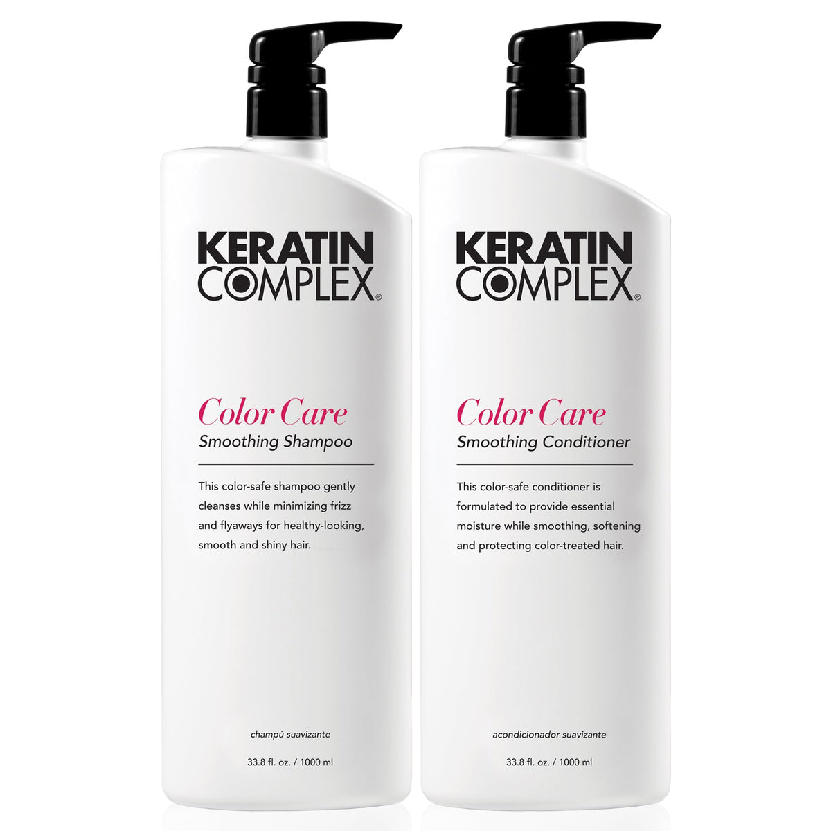 Keratin Complex front packaging duo showing full-size bottles and benefit of color protection