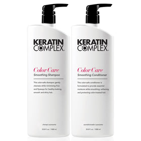 Keratin Complex front packaging duo showing full-size bottles and benefit of color protection
