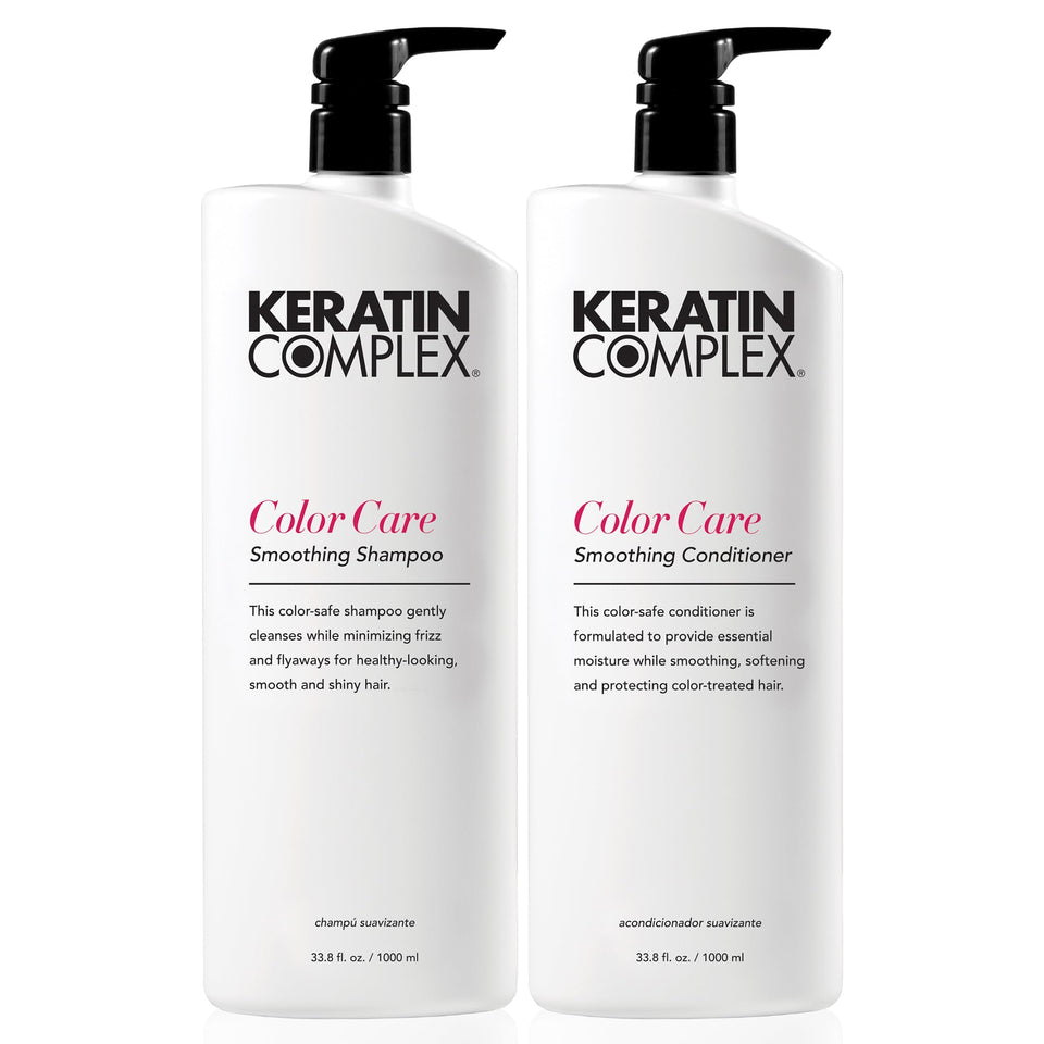 Keratin Complex front packaging duo showing full-size bottles and benefit of color protection